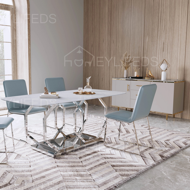 Foshan Factory Hot Selling Gold Luxury Cheap 6 Seater Chairs Dining Room Set Stainless Steel Frame Marble Dining Table Set