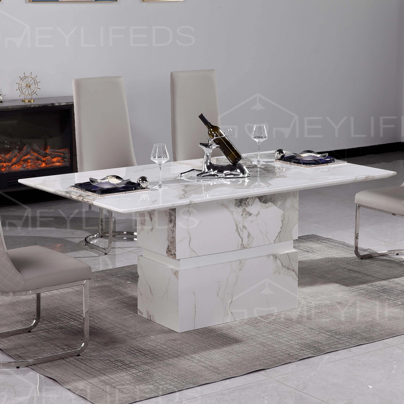 Luxury Designs Dining Room Furniture Full Marble Dining Table And 6 Chairs with Leather Decoration