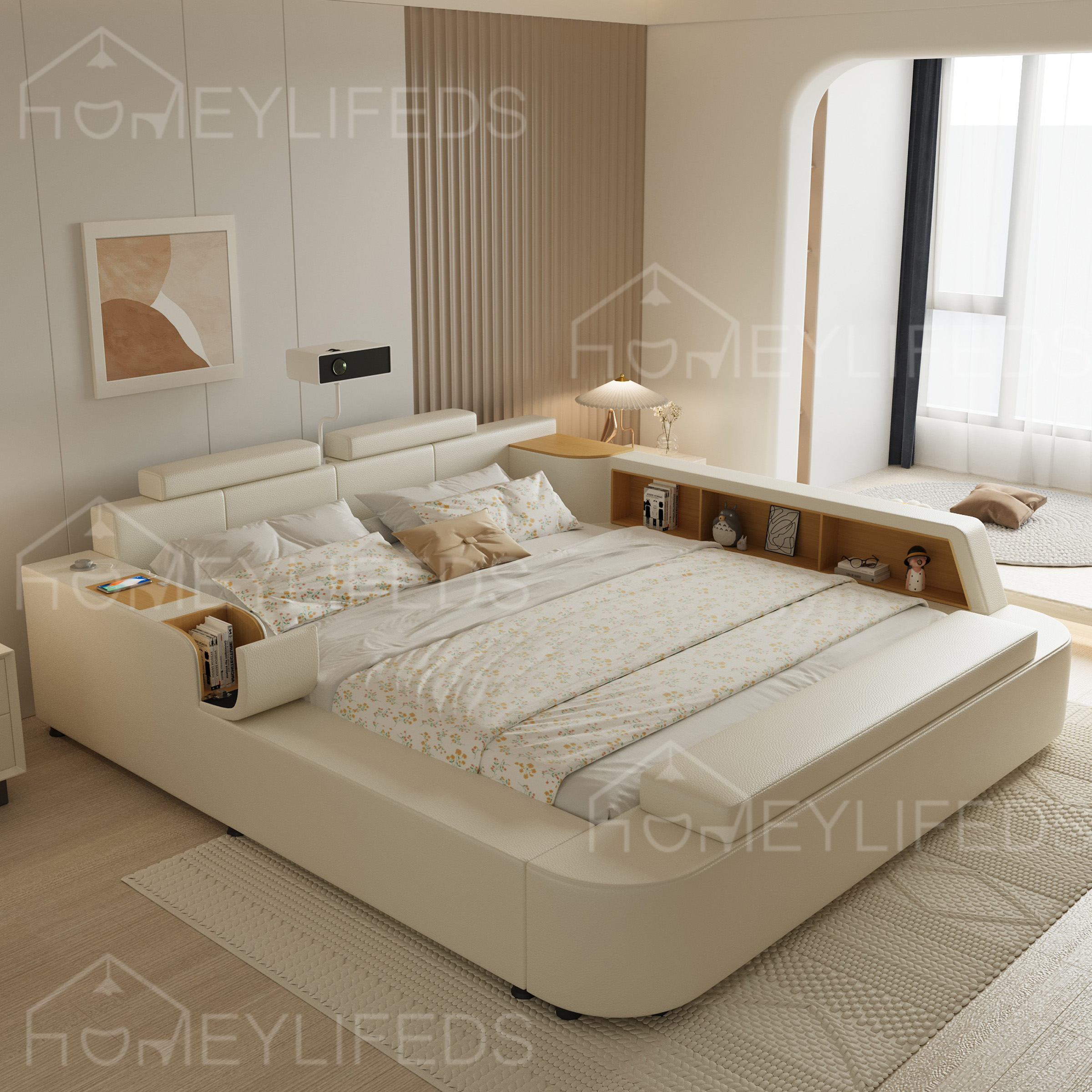 Customizable Modern Oak Wood Single King Size Bed with Comfortable Leather Multi-Functional Design for Home Bedroom Application