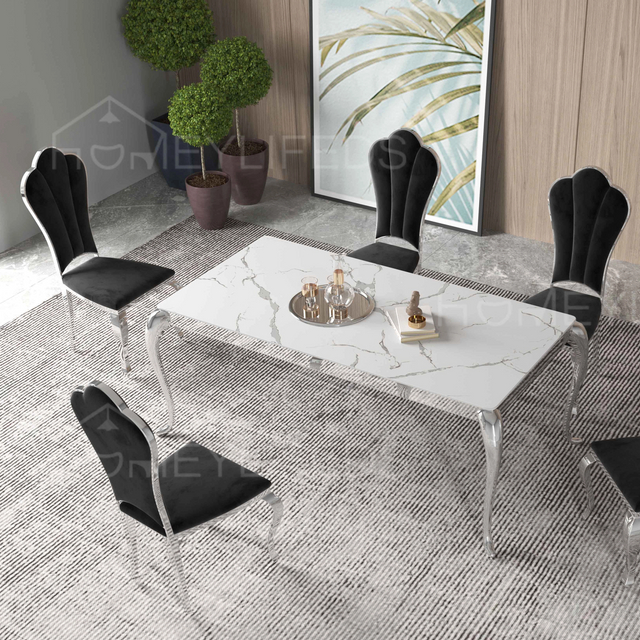 Customized Italian High End Furniture Stainless Steel Oval Dinning Table Luxury 6 Chairs Modern Marble Dining Table Set