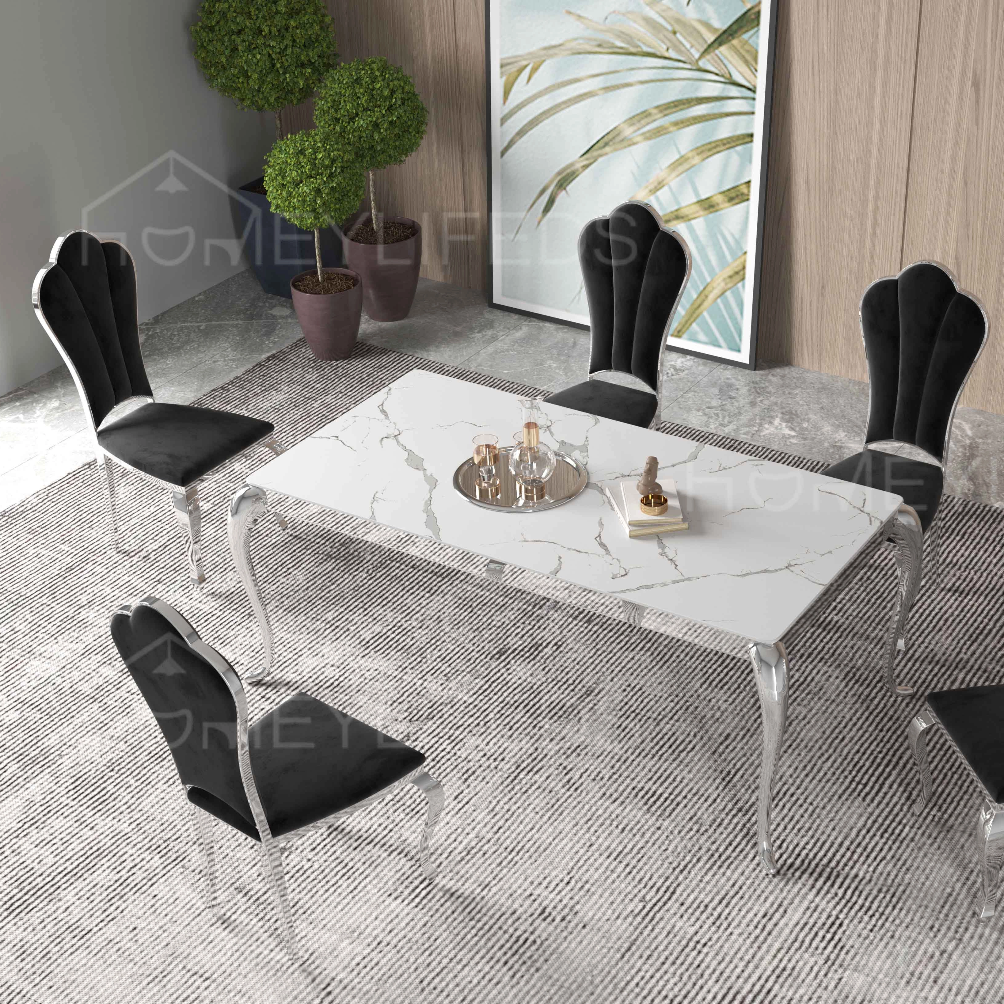 Customized Italian High End Furniture Stainless Steel Oval Dinning Table Luxury 6 Chairs Modern Marble Dining Table Set