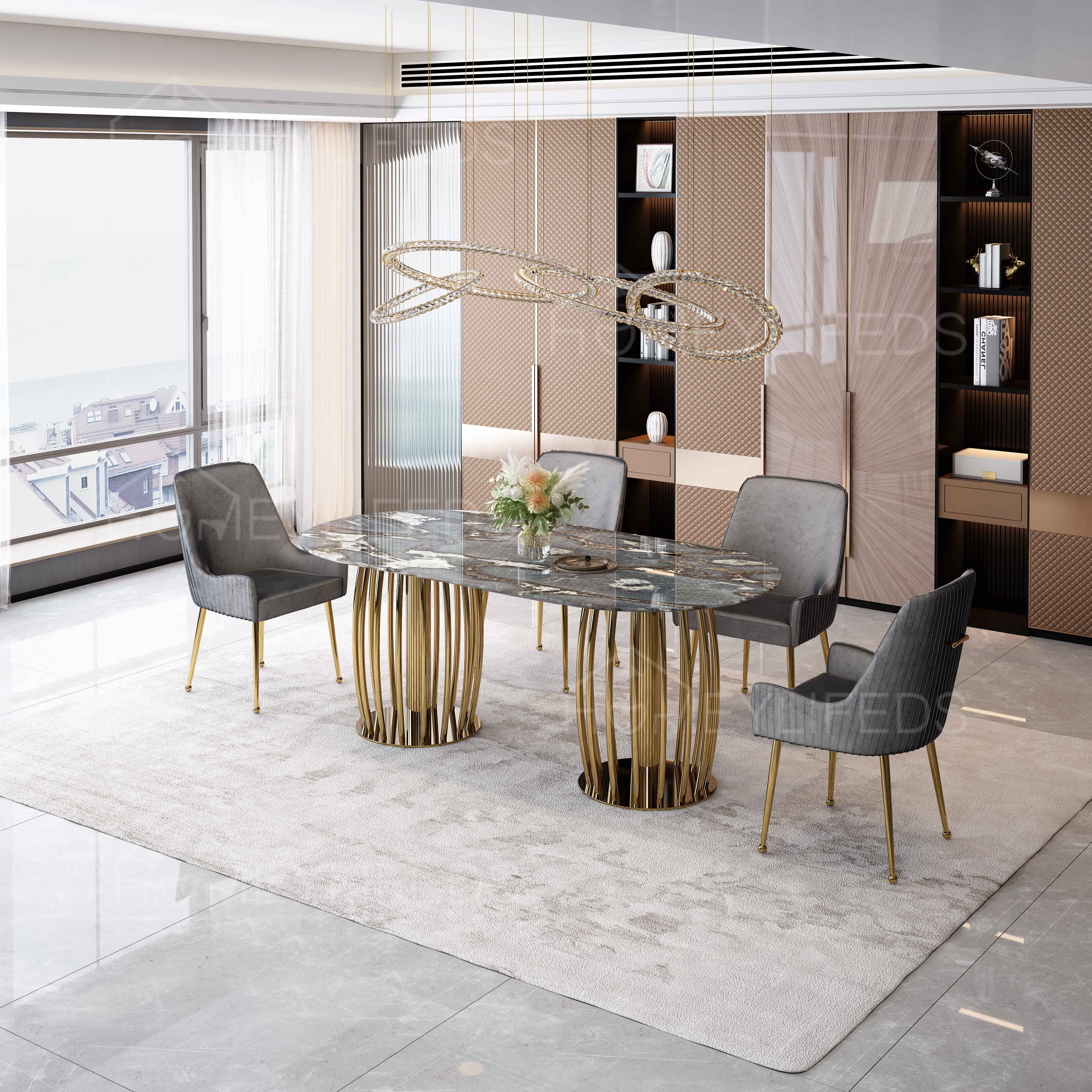 Customized Luxury Marble Dining Table Modern Stone Marble Top Dining Table Stainless Steel Legs Villa House Dining Room Table