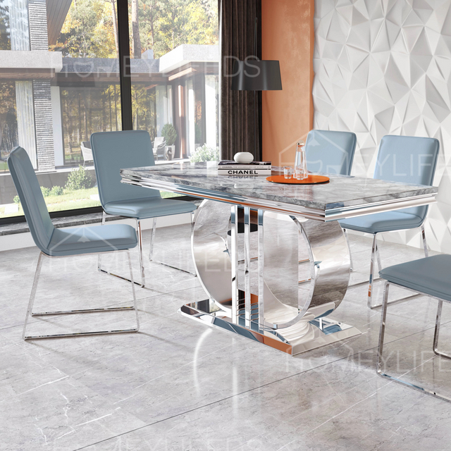 Living Room Furniture Modern Luxury Rectangle Marble Dining Table with Steel Frame Banquet Table Chair Sets