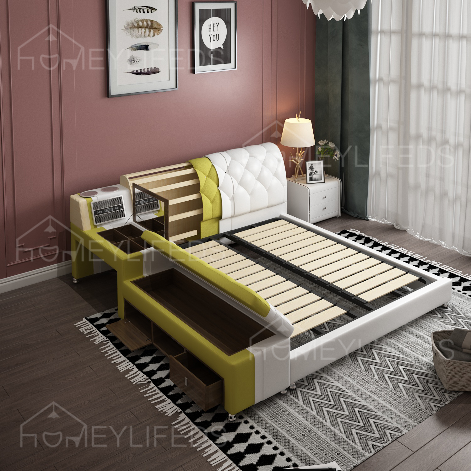 Modern Smart Furniture Leather Upholstered Bed With Storage King Queen Size Massage Multifunctional Smart Bed