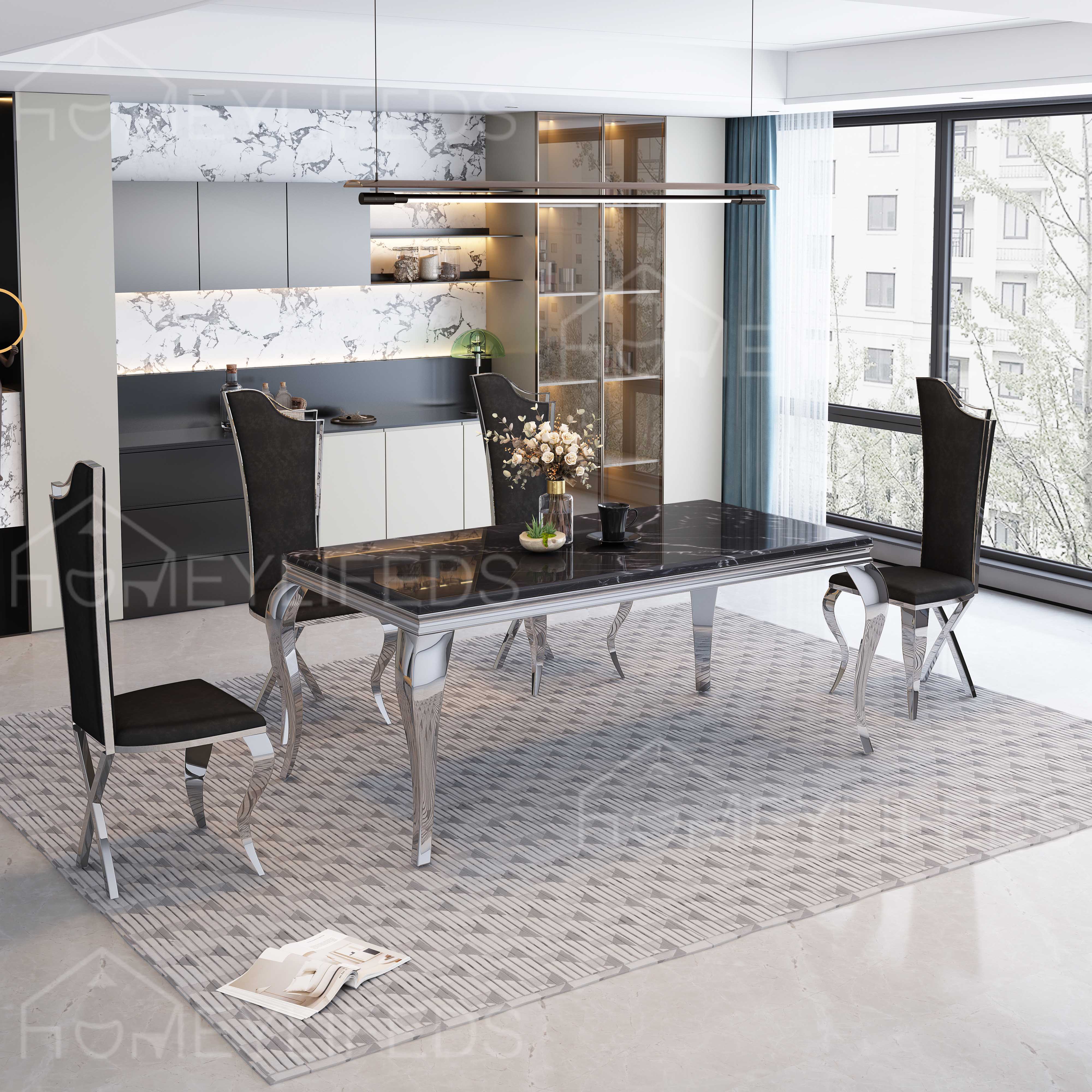 Golden Stainless Steel 8 Seater Long Table Set Dining Room Furniture Marble Top Dining Table And Chairs Modern Villa Dining Set