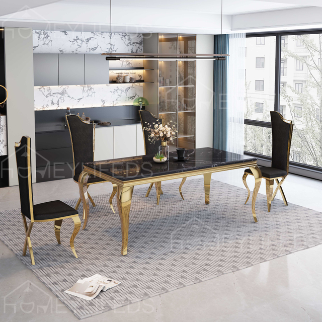 Modern Luxury Gold Stainless Steel Marble Dining Table Set Rectangle 6 Seater with Chairs for Home Office Furniture