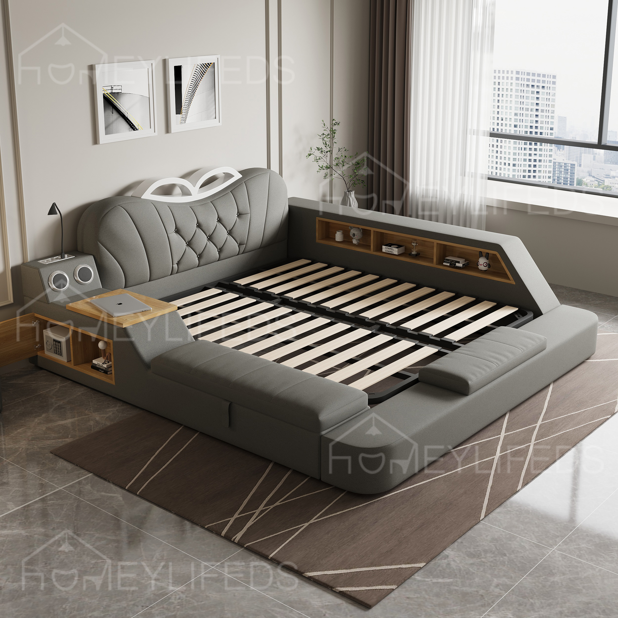 Smart Sex Bed Royal Style Sleeping Multifunctional Massage Bed King Size Modern Leather Fabric Tatami Bedroom with Storage Safe