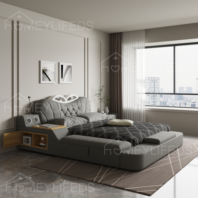 Modern Simple Double Bed with Tatami Massage Feature Genuine Leather Storage Soft Bed Master Bedroom Multifunctional Furniture
