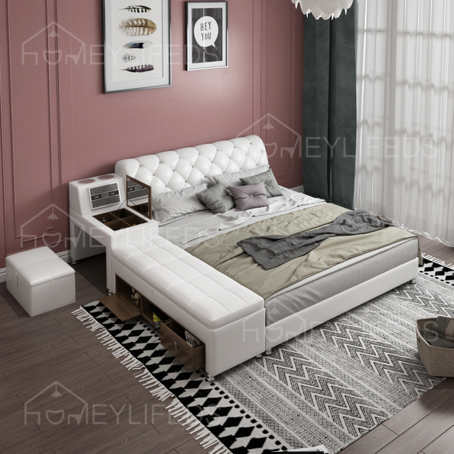 Functional Smart Storage king Size Bed with Music Usb Charger Massage Leather Beds