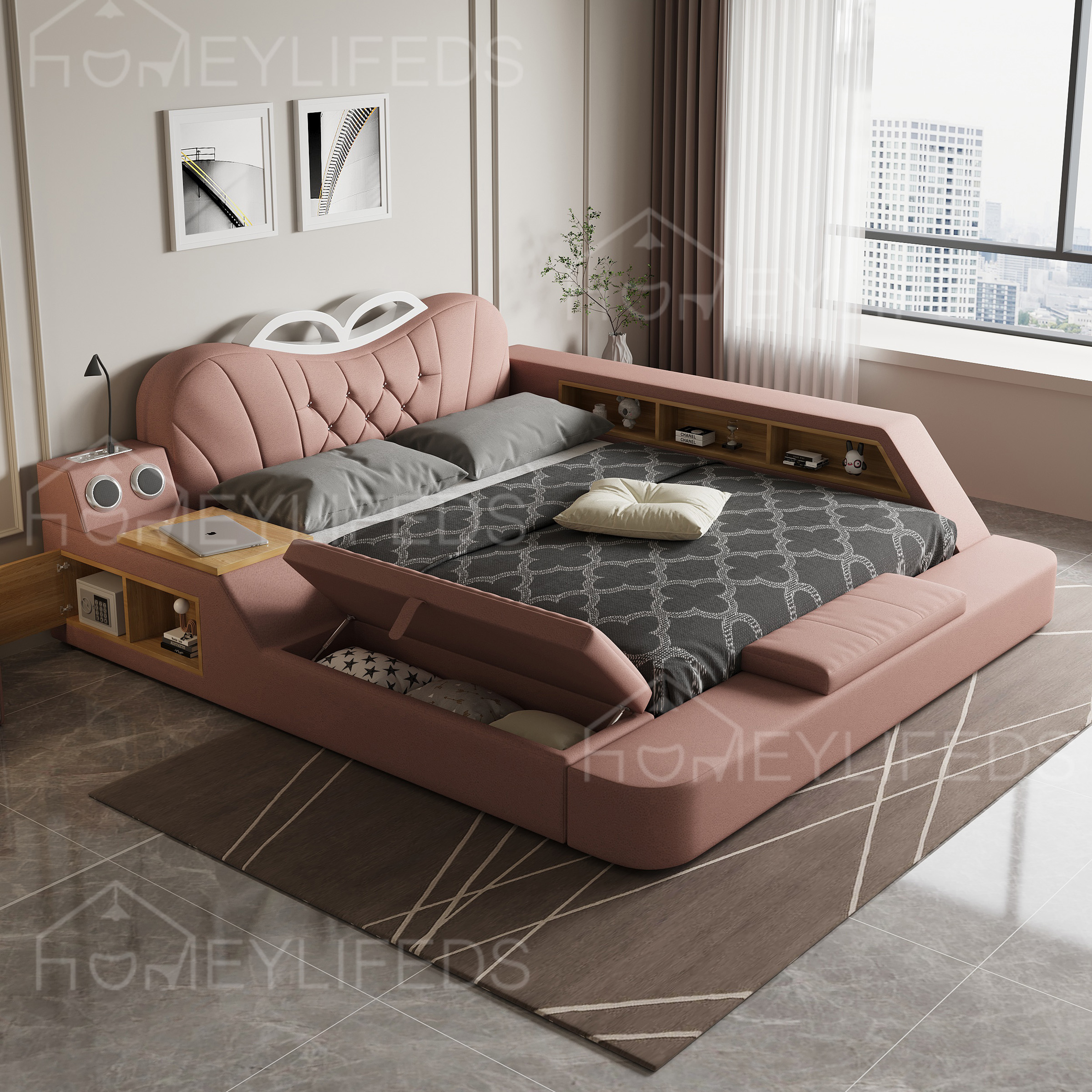 Modern Luxury Double Bed Multi-Function Projector Light Smart Tatami Technology Cloth Bed Master Bedroom Soft Bag Living Room
