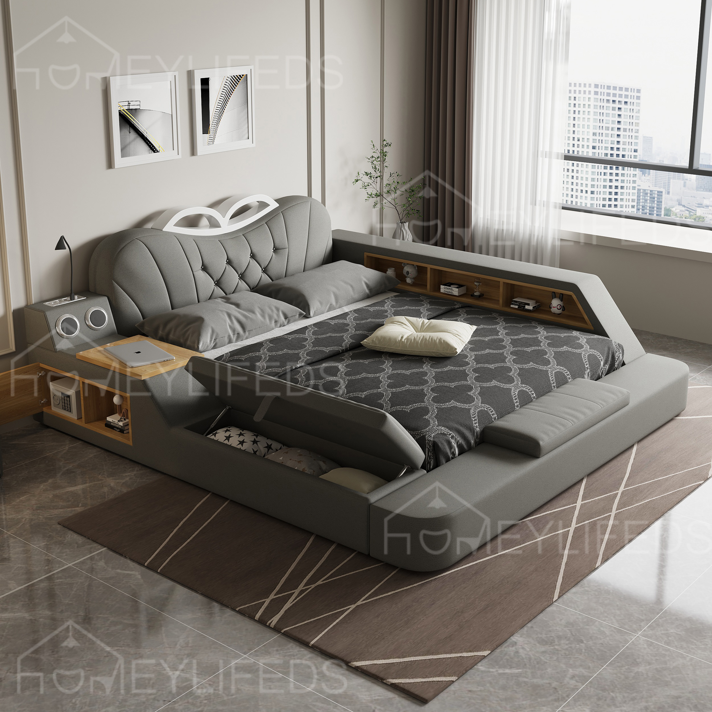 Modern Multifunction Smart Bed King Size With Storage Double Upholestered Leather Bed Bedroom Furniture