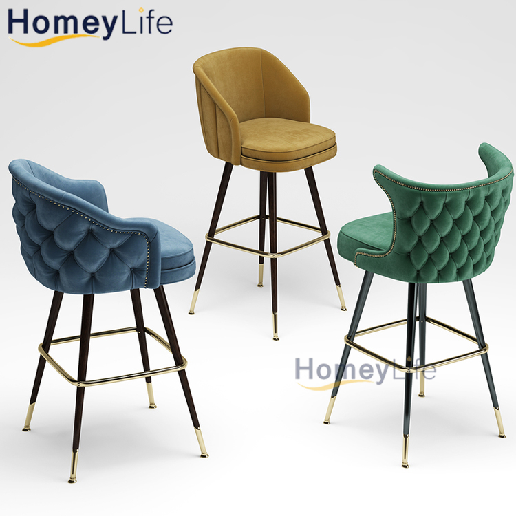 Modern Luxury Hand Made Dining Furniture High Legs Stools Velvet Chairs Kitchen Luxury French Restaurant Bar Chair