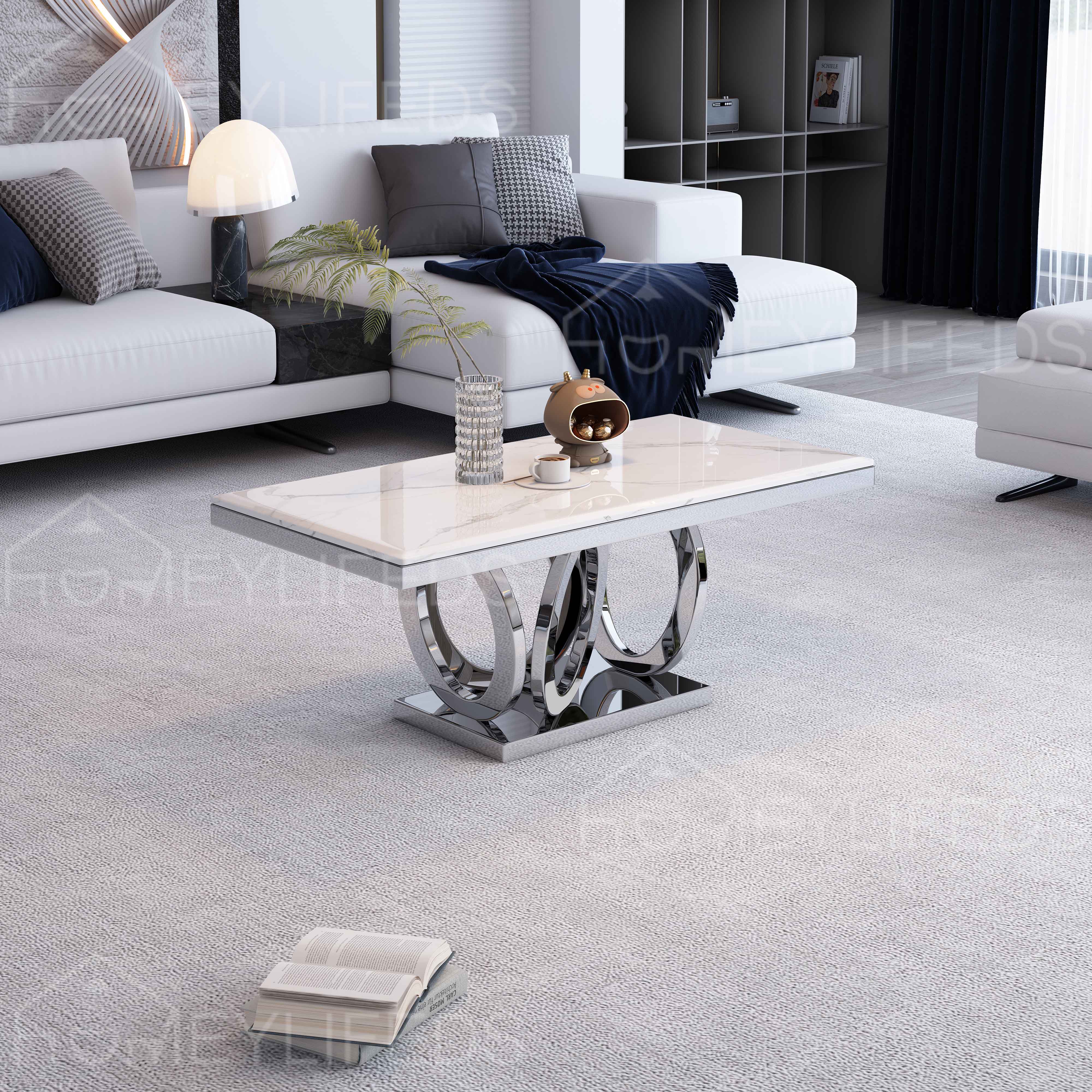 Living Room Furniture 2 Pieces Unique Modern Design Luxury Marble Round Top Metal Frame Coffee Table Set