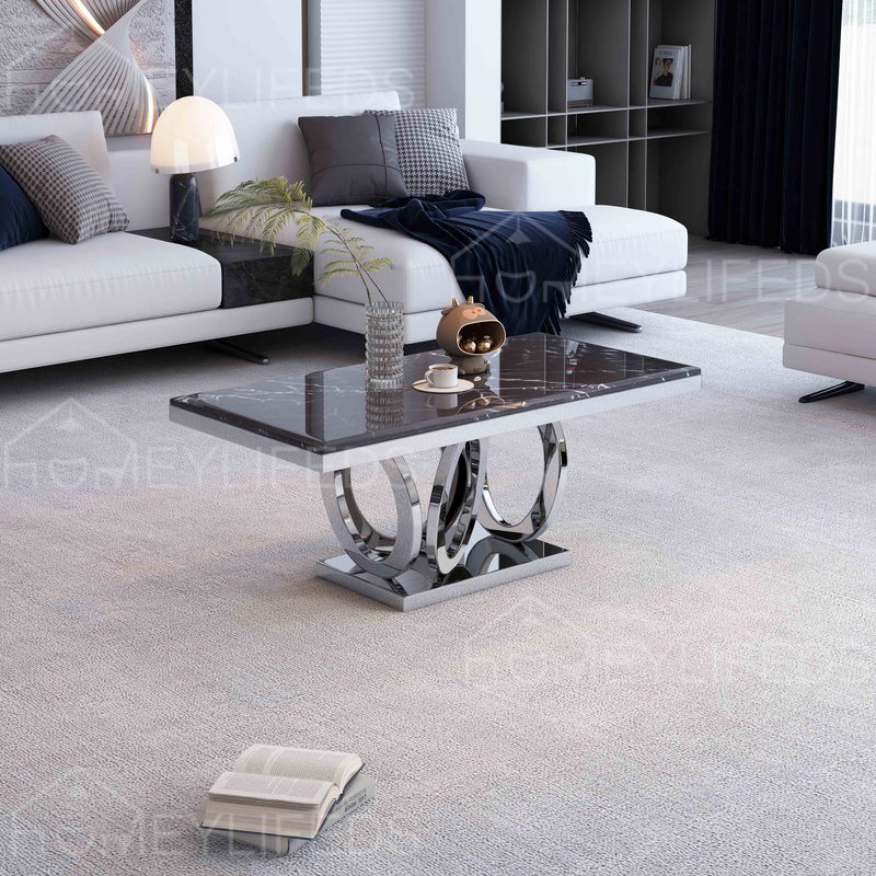 Nordic Modern Round Coffee Table with Gold Stainless Steel Base & Inlaid Marble Top for Living Room Furniture