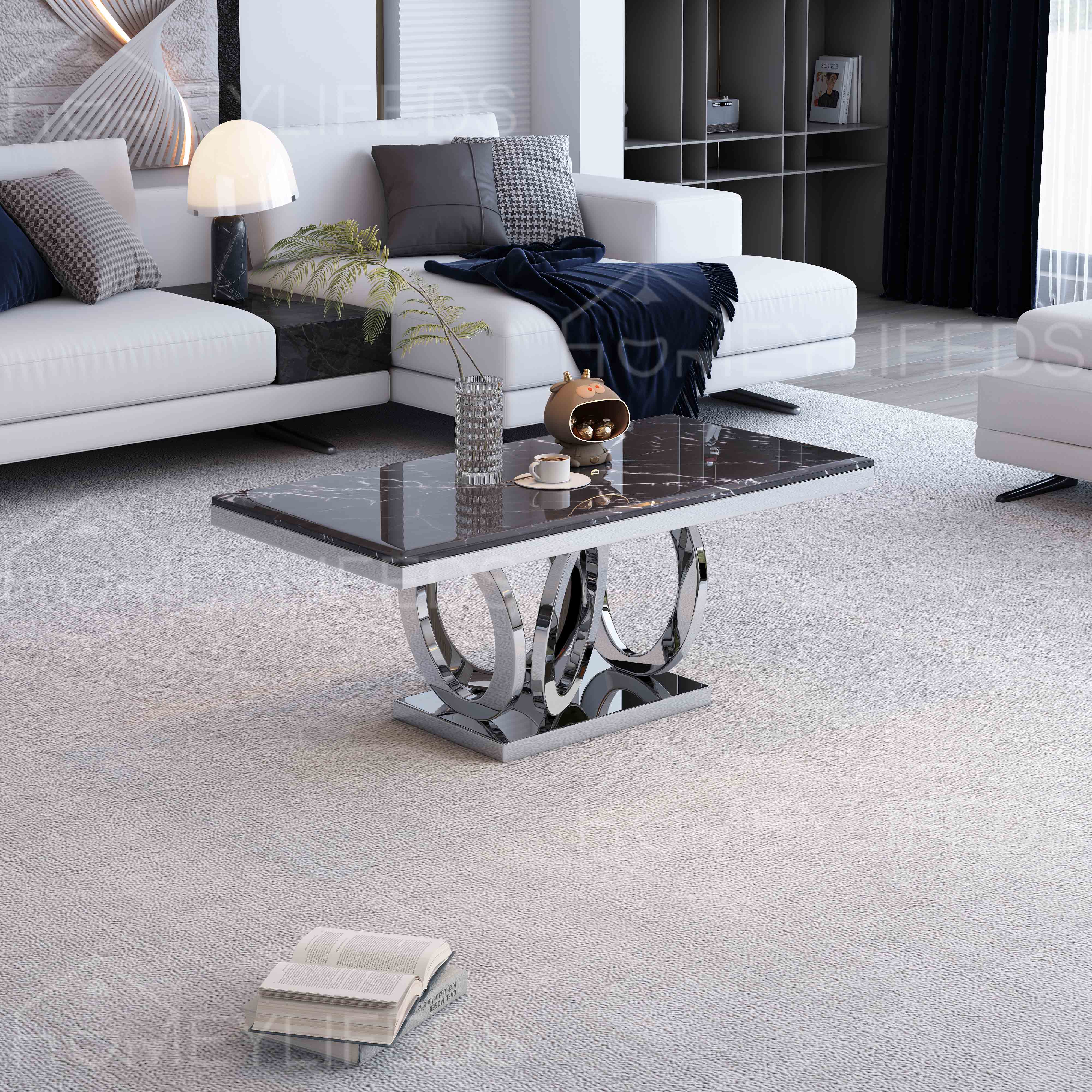 Nordic Modern Round Coffee Table with Gold Stainless Steel Base & Inlaid Marble Top for Living Room Furniture