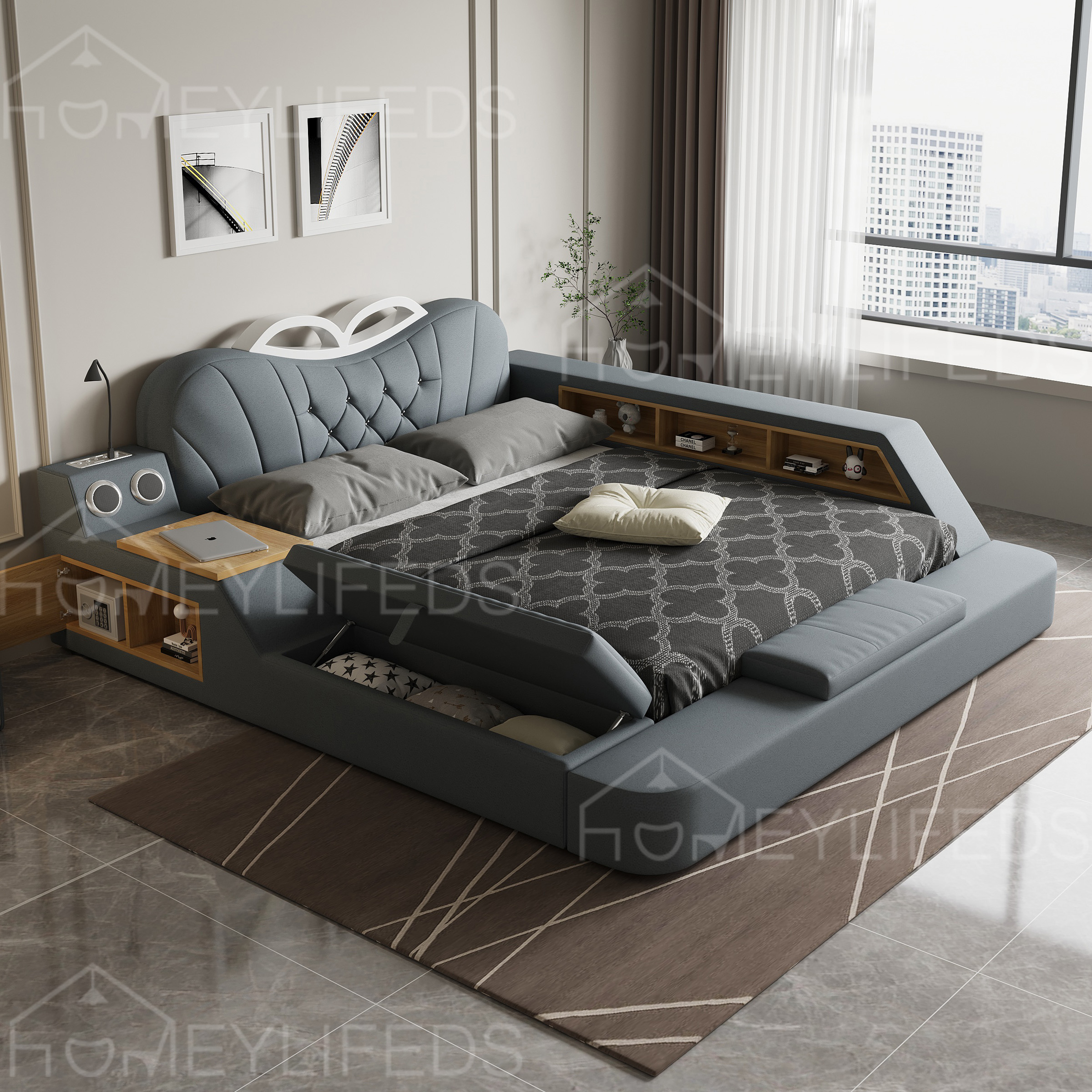 Modern Multimedia USB Charger Smart Bed Genuine Leather Bedroom Furniture Multifunctional Massage Family Cinema Soft Bed