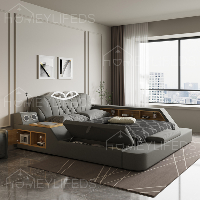 Modern Multifunction Smart Bed King Size With Storage Double Upholestered Leather Bed Bedroom Furniture