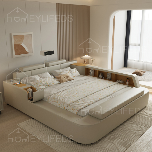 Modern Bedroom Storage Leather King Size Bed Multifunction Massage Tatami Bed Smart Bed With USB Charge And Speaker