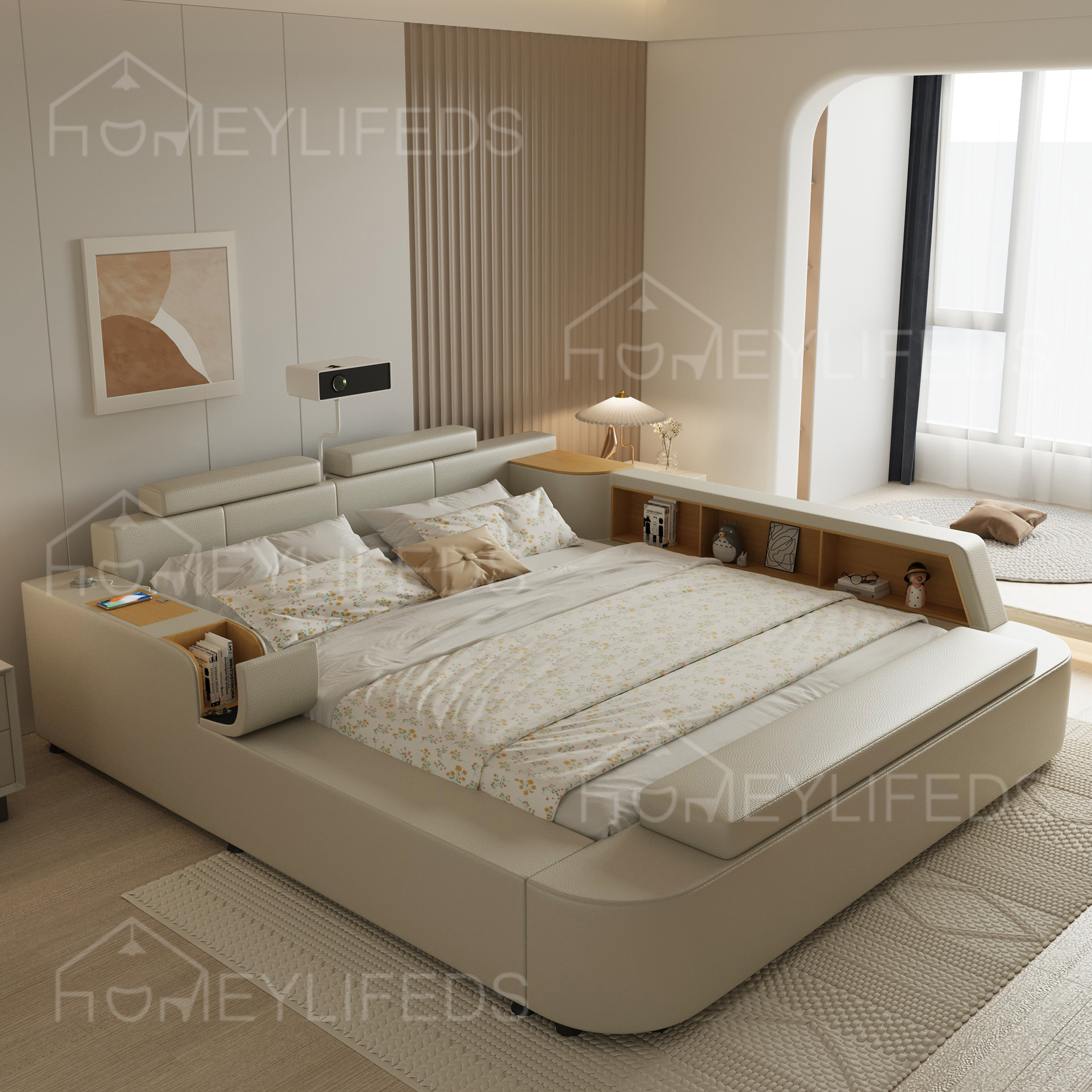 Modern Bedroom Storage Leather King Size Bed Multifunction Massage Tatami Bed Smart Bed With USB Charge And Speaker