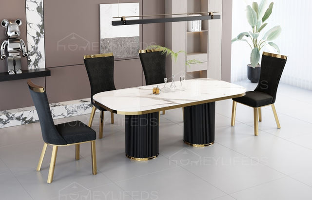 Italian Marble Dining Table Stainless Steel Dining Room Furniture Marble Top Dining Table 6 Set