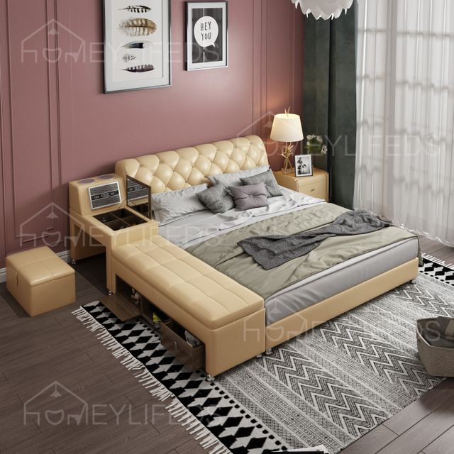 Contemporary Bedroom Multifunctional Bed with Massage Double Bed Design with Storage