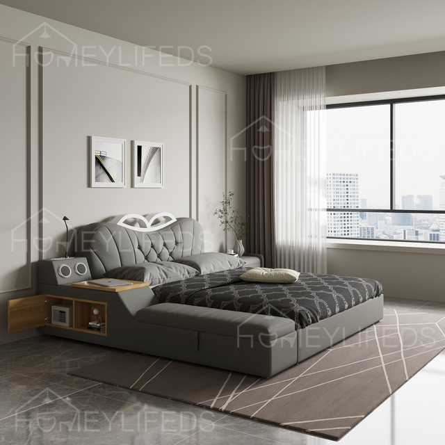 Multifunctional Massage Tatami Bed Leather Double Queen Master Bedroom Bed Modern Simple Bedroom Smart King Size Soft Bed