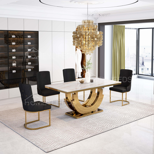 Luxury Dining Table Set Modern Minimalist 6 Seaters Gold Metal Steel Stainless Chairs Sintered Stone Marble Top Dining Furniture