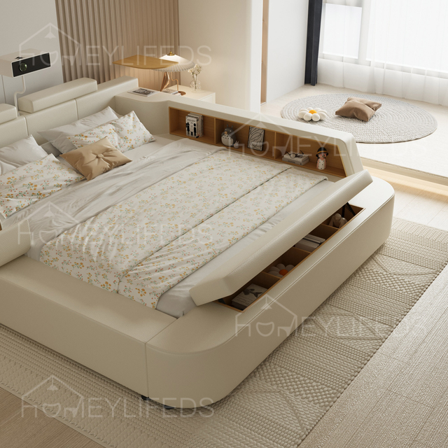 Modern Minimalist King Size Floating Bed Frame LED Lights Adjustable Smart Wood Bed Double Queen Size Upholstered Bed