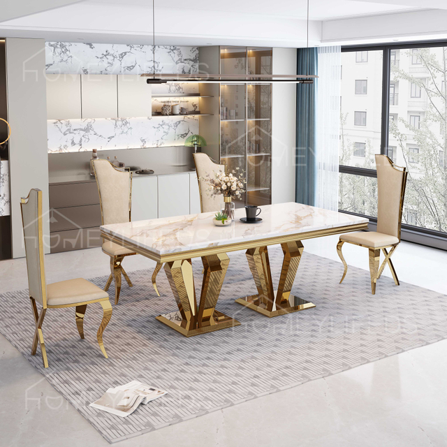 Hot Sale Dining Room Furniture Modern Italian Marble Top And Metal Leg Dining Table Set