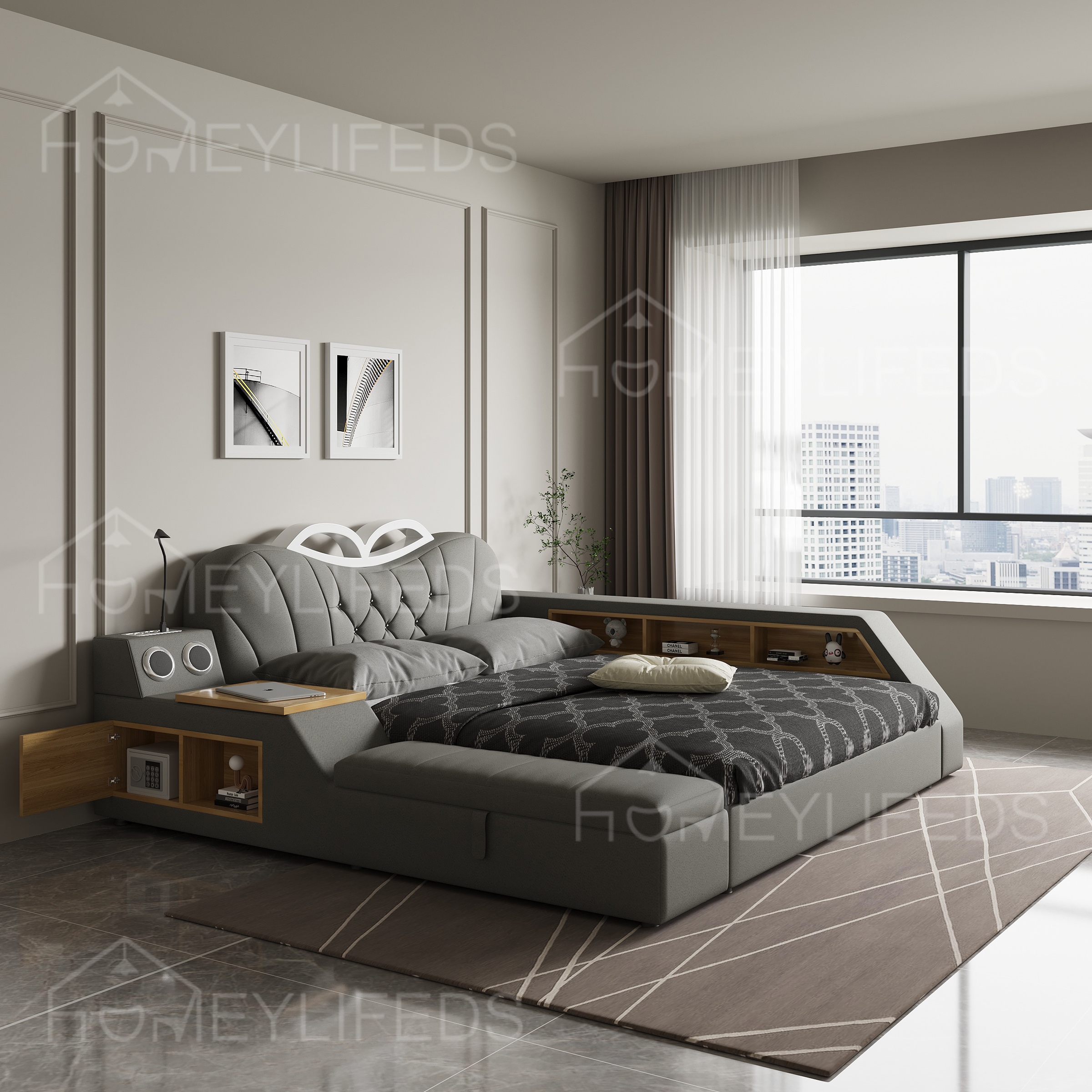 Luxury Leather Smart Bed Multifunctional Bed for Bedroom Furniture Hotel King Size Bed With Storage