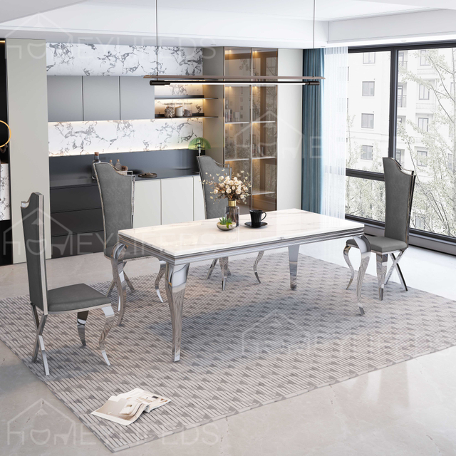 Customized Stainless Steel Dining Table Set 6 Seater Marble Rectangle Living Room Modern Luxury Dining Tables