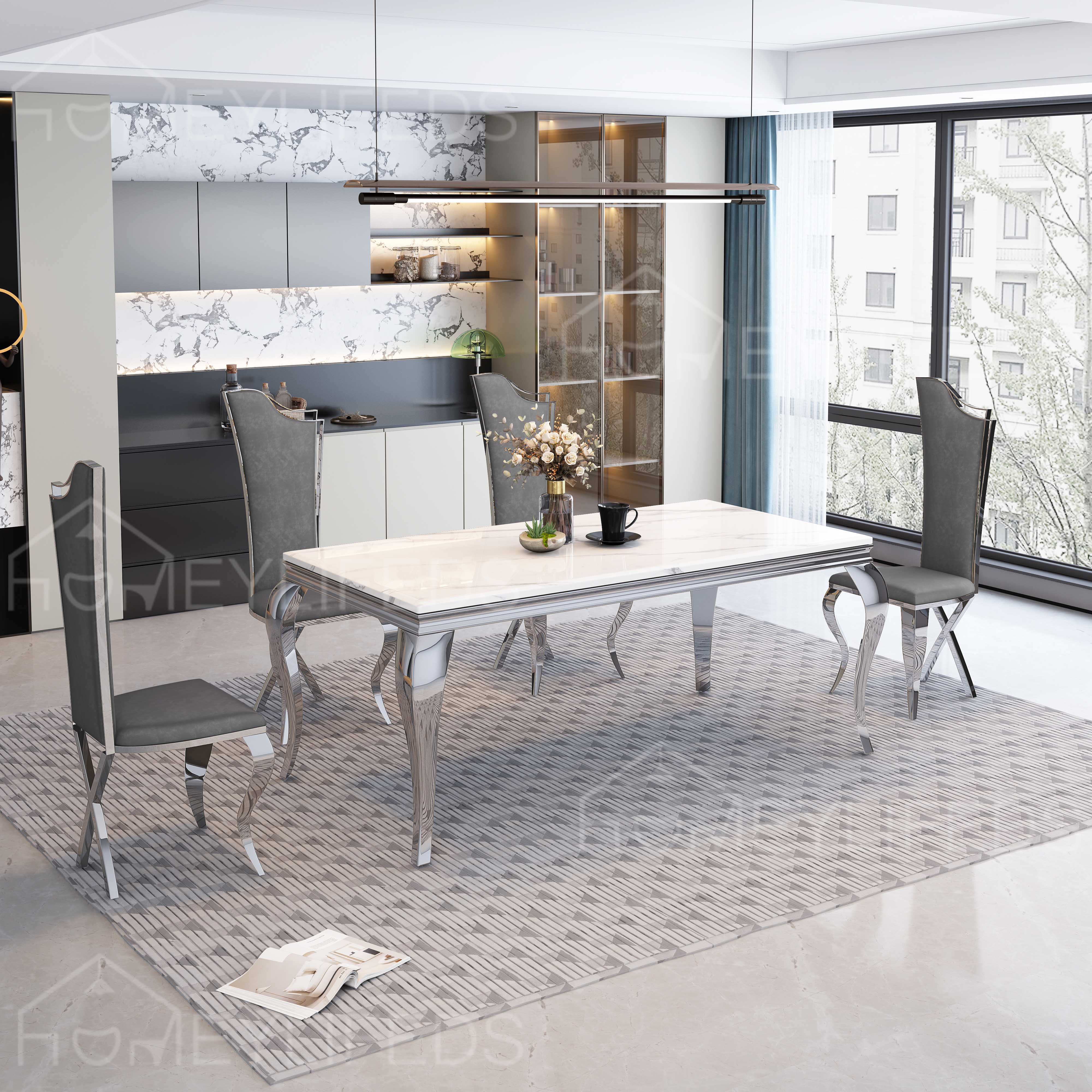 Customized Stainless Steel Dining Table Set 6 Seater Marble Rectangle Living Room Modern Luxury Dining Tables