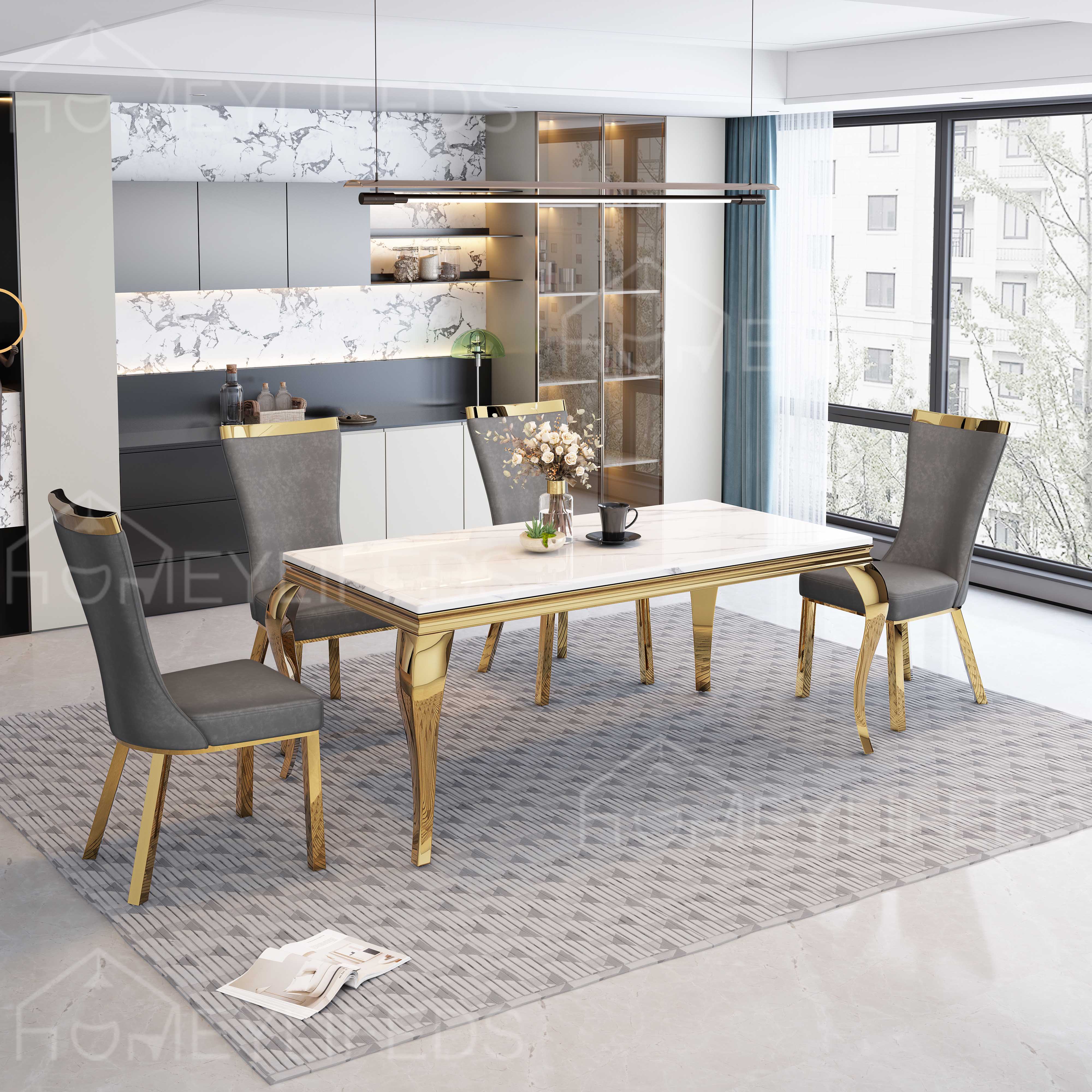 Modern Living Room Furniture Stainless Steel Dining Set With 6 Chairs Dining Table American Marble Dining Table