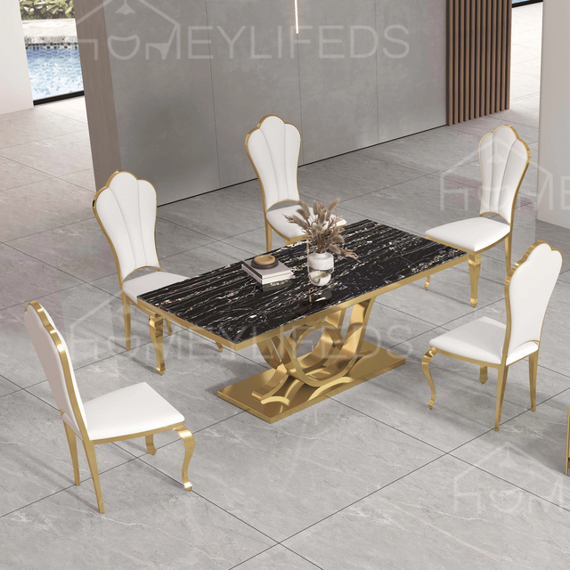 New Classic Style Customized Marble Top Stainless Steel Dining Room Set Dining Table