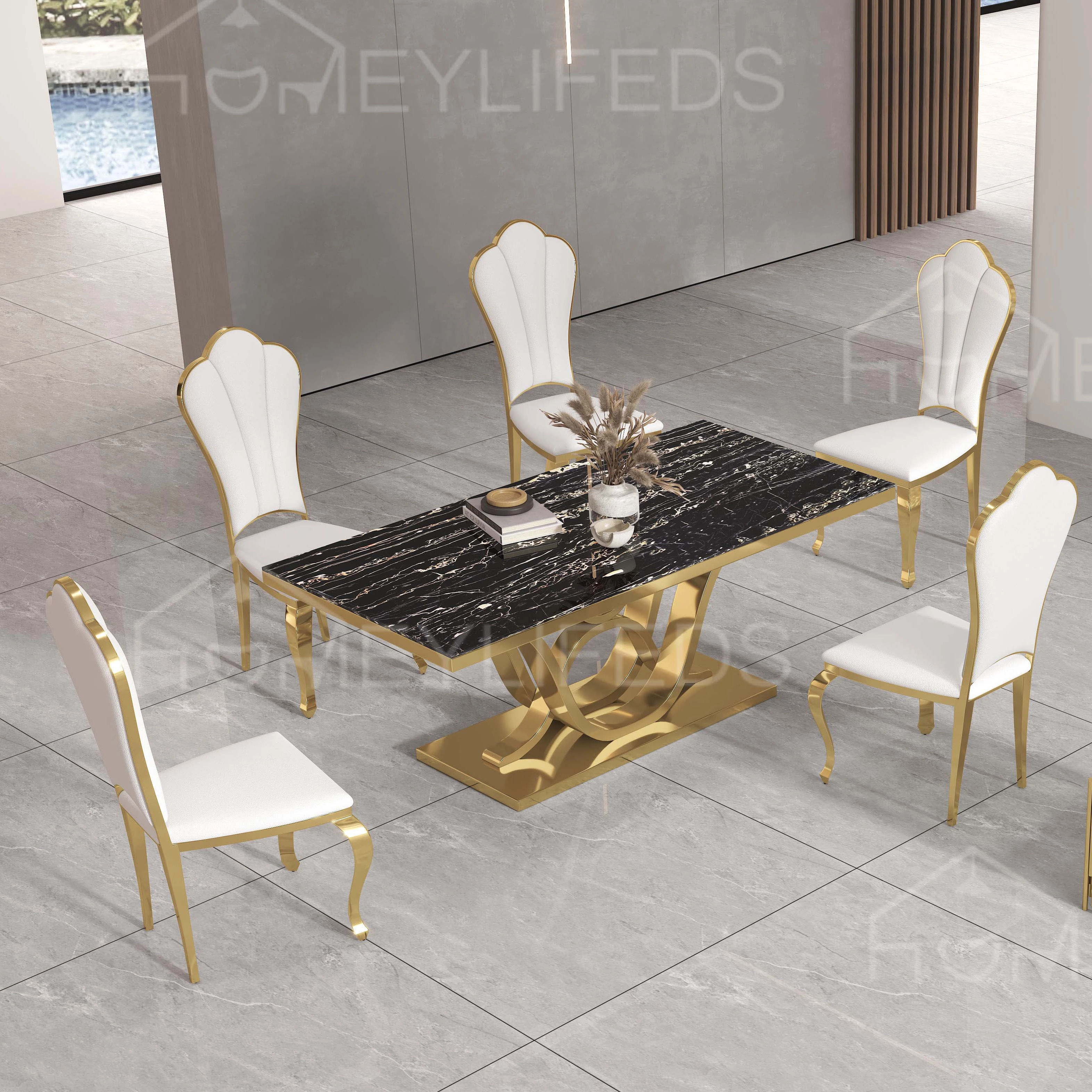 New Classic Style Customized Marble Top Stainless Steel Dining Room Set Dining Table