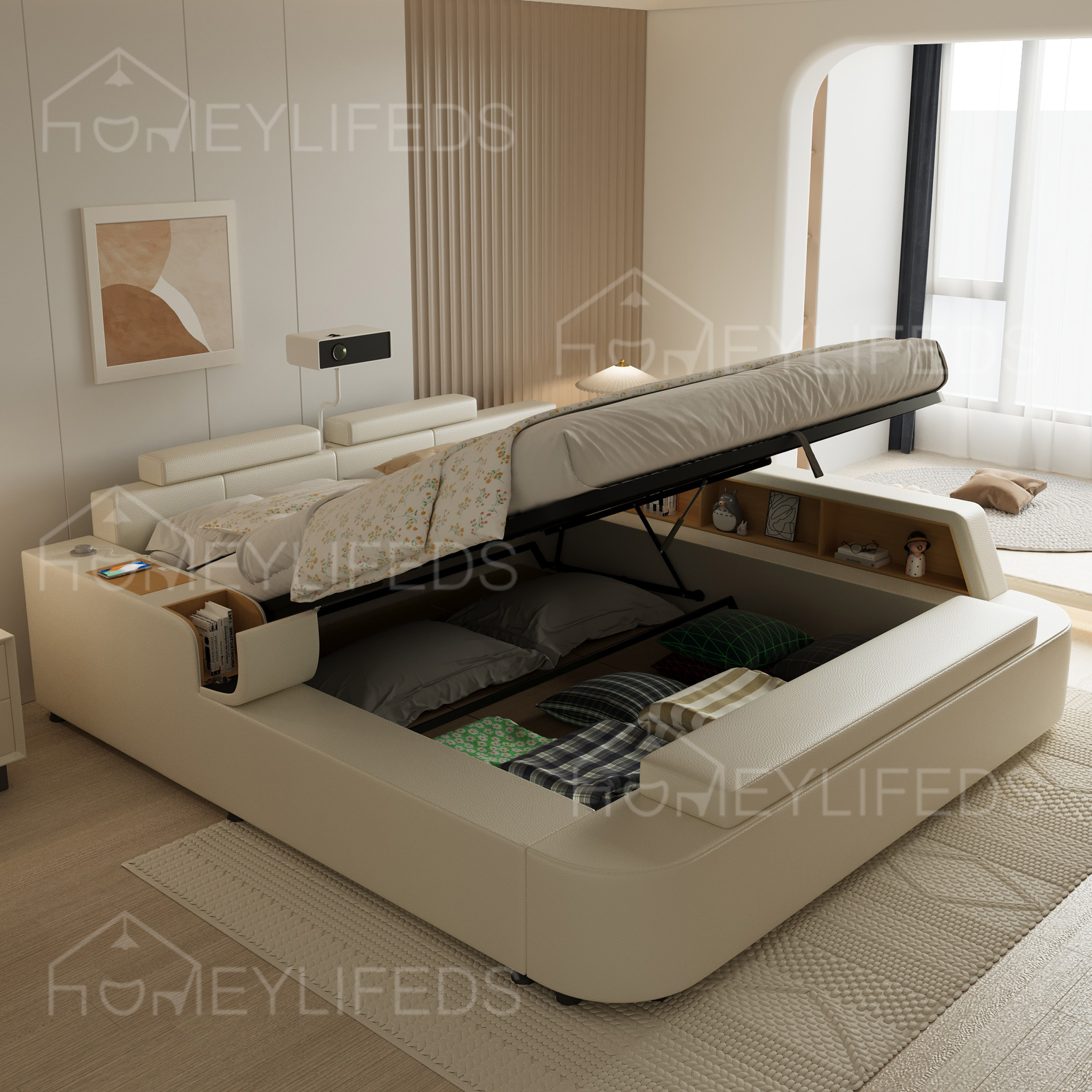 Luxury Modern Purple Leather Curved Headboard Bedroom Furniture Set New Arrival Contemporary Design Bed with Stool