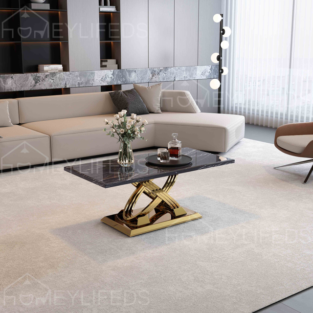 Nordic Modern Round Coffee Table with Gold Stainless Steel Base & Inlaid Marble Top for Living Room Furniture
