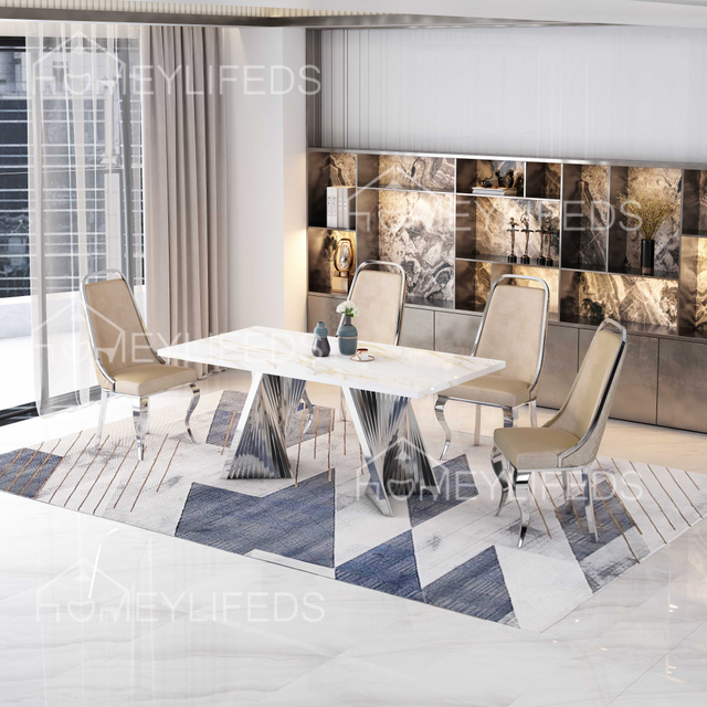 Luxury Dining Table Set Marble Top Golden Stainless Steel Base Dining Table Rectangle Dining Table And Chair