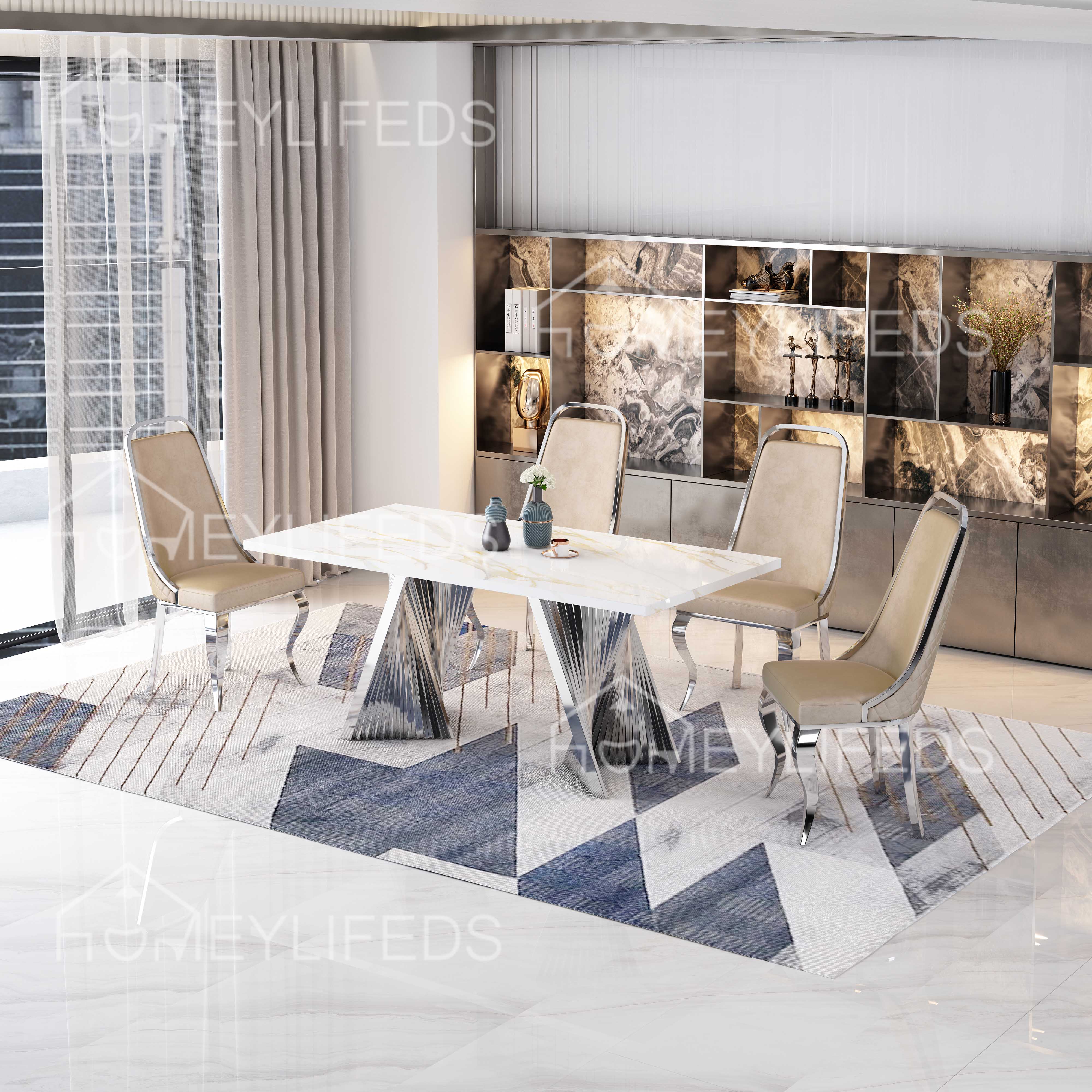 Luxury Dining Table Set Marble Top Golden Stainless Steel Base Dining Table Rectangle Dining Table And Chair