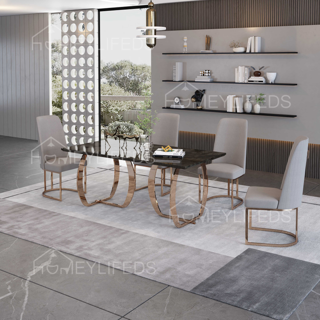 High Quality Marble Banquet Tables And Chairs Set in A Modern Black 6-seater Solid Dining Room Set