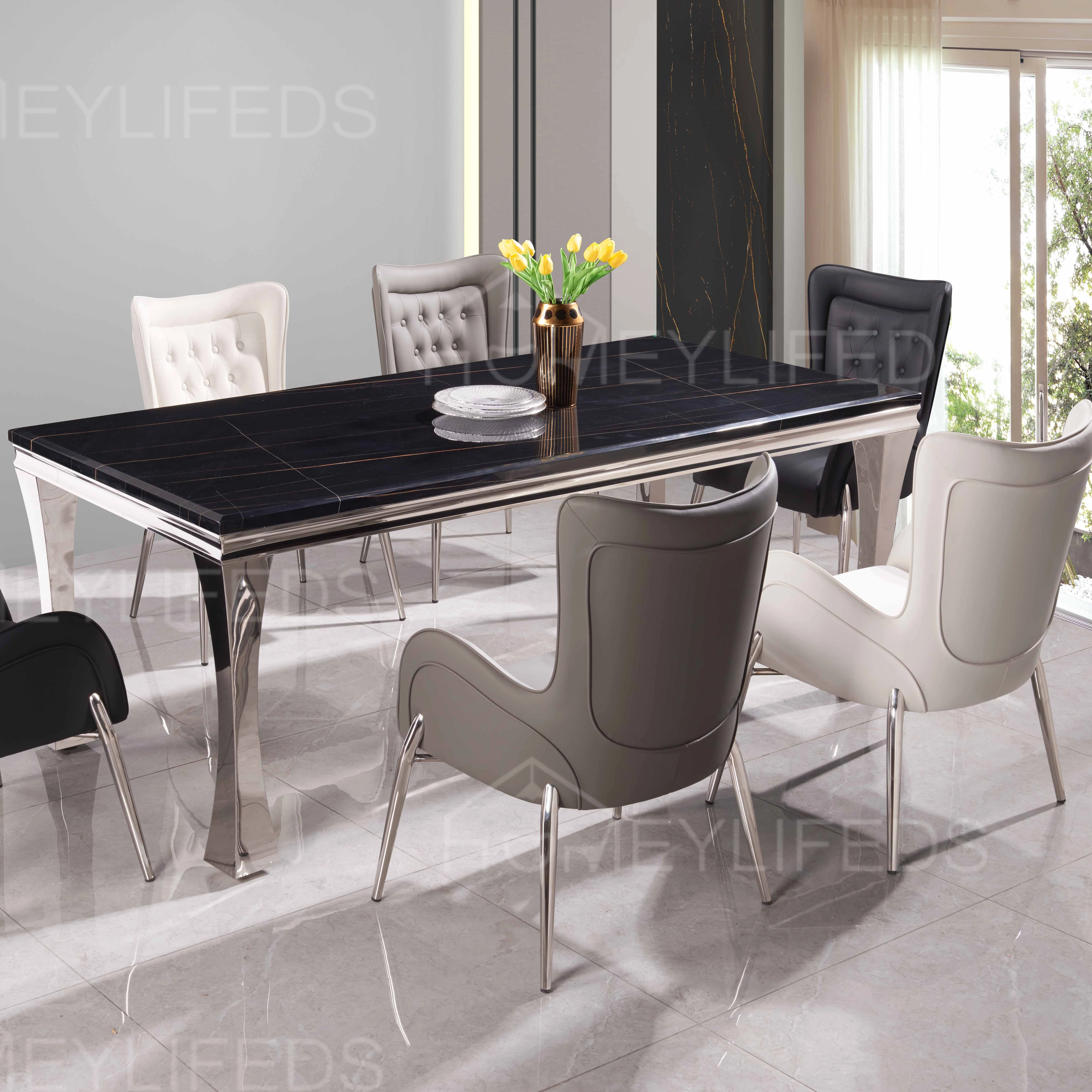 High End Romantic Exclusive Home Furniture Luxury 4 6 8 Seaters Golden Stainless Steel Marble Top Dining Table for Villa Event