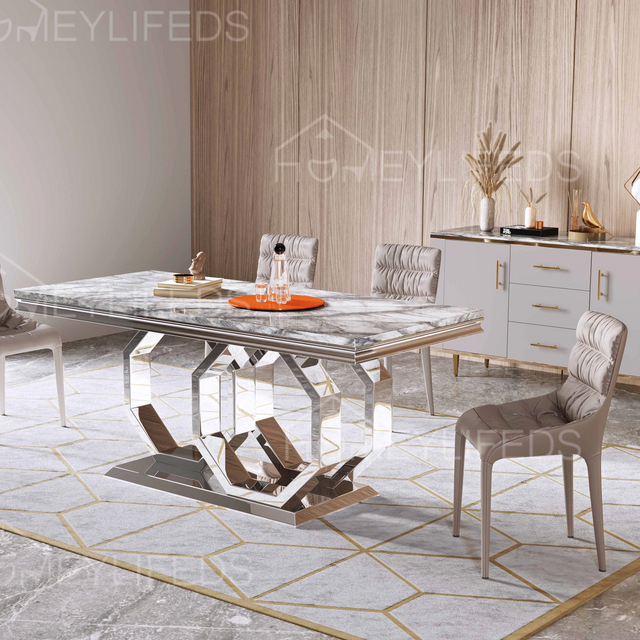 Factory Direct Modern Marble Stone Top Dining Table Set Classic Rectangular Stainless Steel Table With 6 Chairs for Restaurants