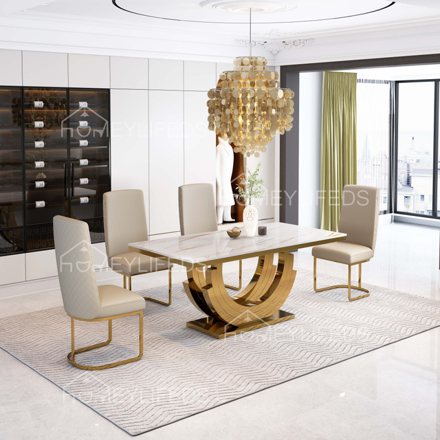 Luxury Dining Room Furniture Rectangle Sintered Stone Dining Table Marble Top 1.8m Table 6 Seater Chairs Sets