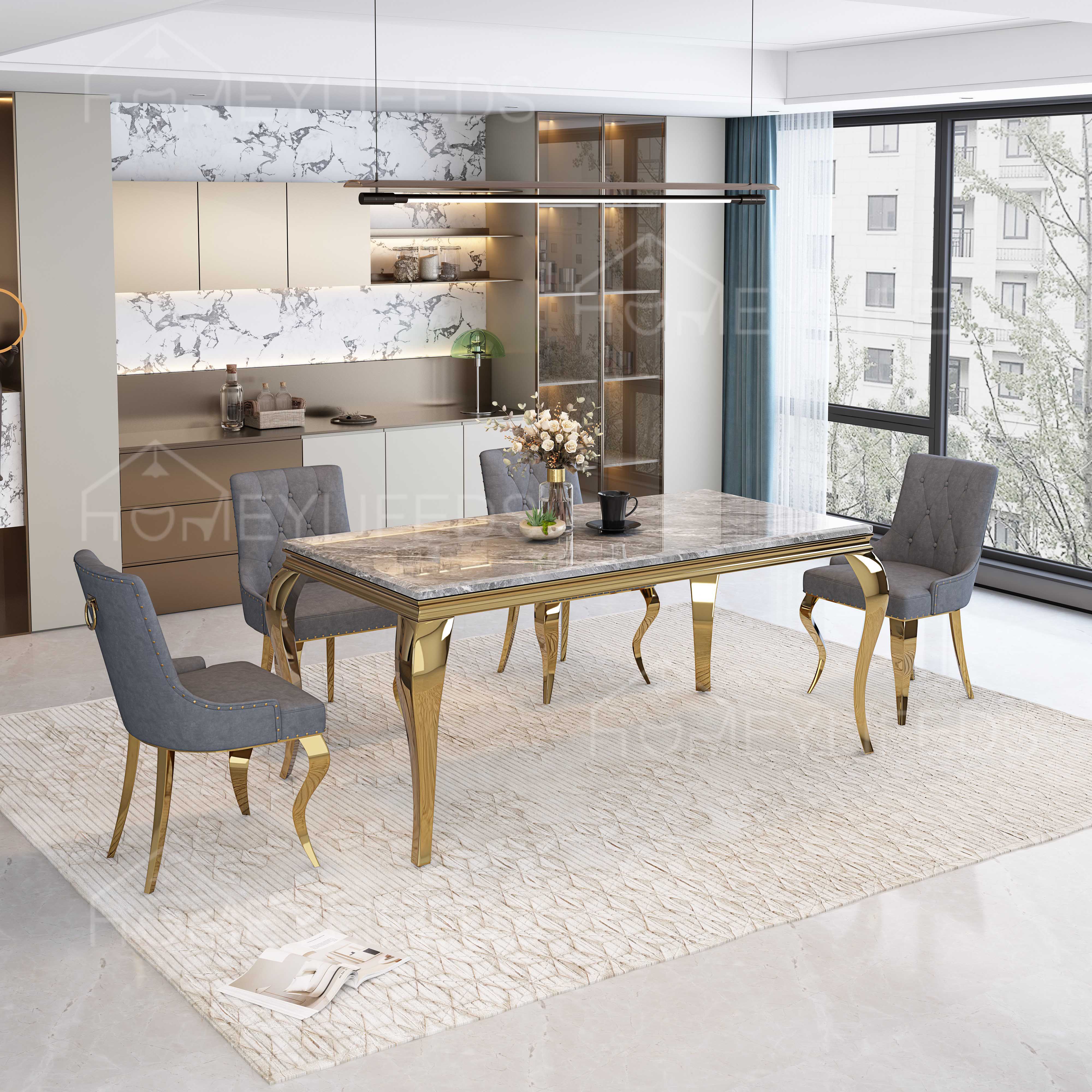 Dining Room Furniture Gold Stainless Steel Black Marble Rectangle Modern Marble Dining Table Set Dining Tables for Sell No reviews yet