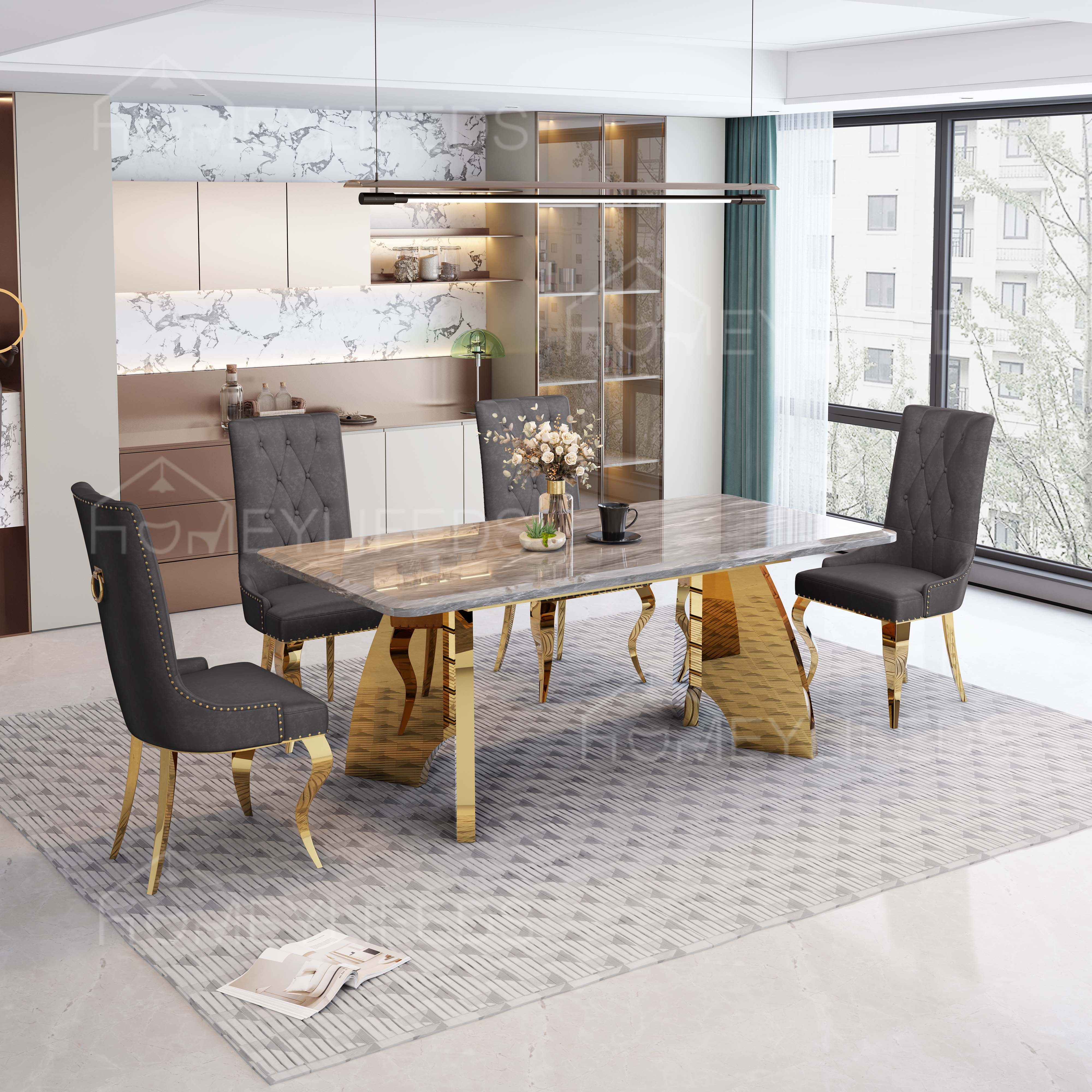 Italian Marble Dining Table Stainless Steel Dining Room Furniture Marble Top Dining Table 6 Set